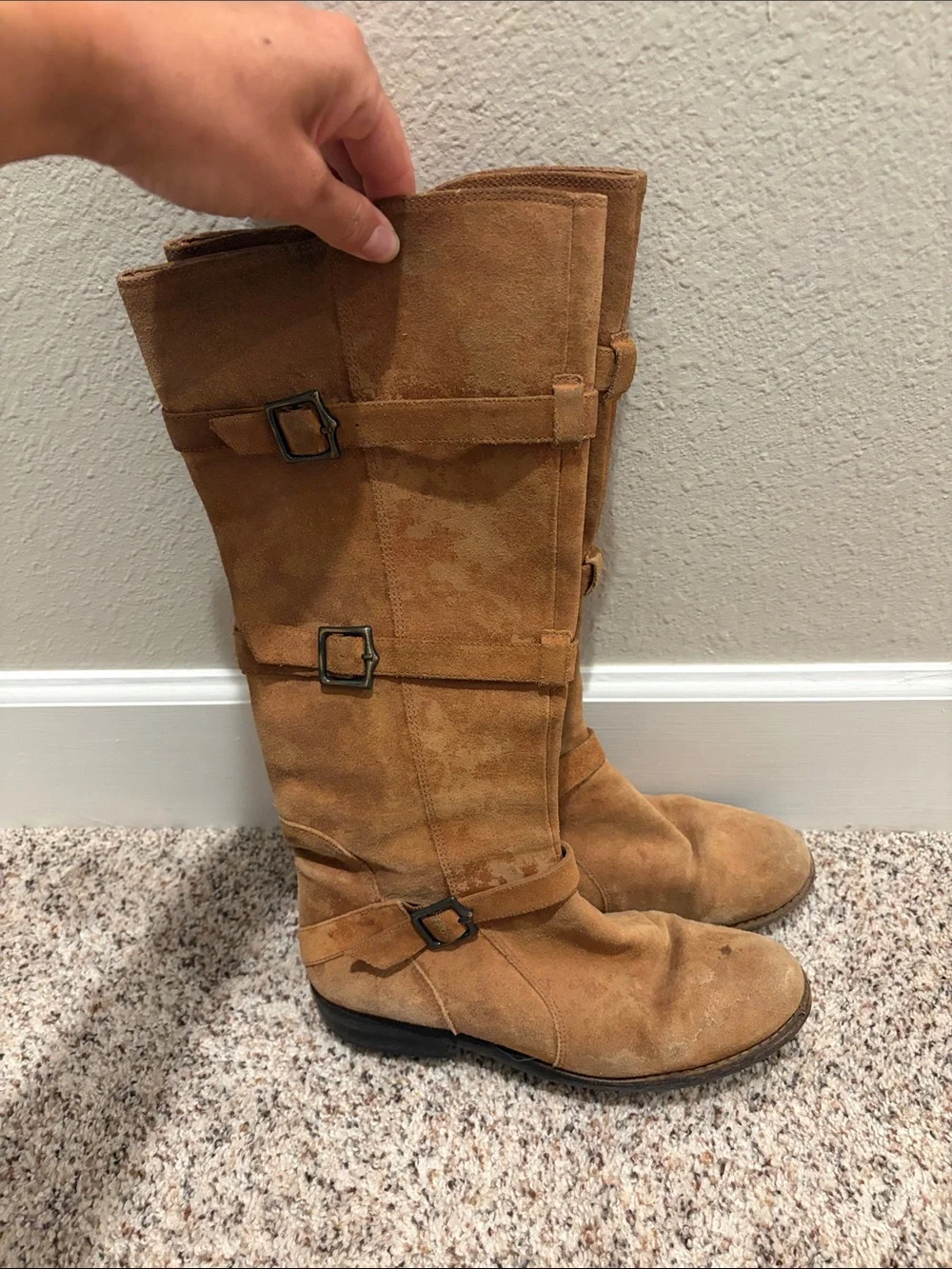 Gianni Bini Tan Suede Over-the-Knee Buckle Boots